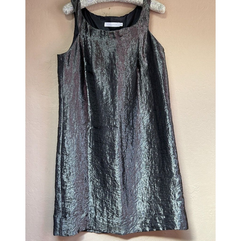 Chaiken Womens Square Neck Sleeveless Shift Origami Dress Size 8 Shiny Gray